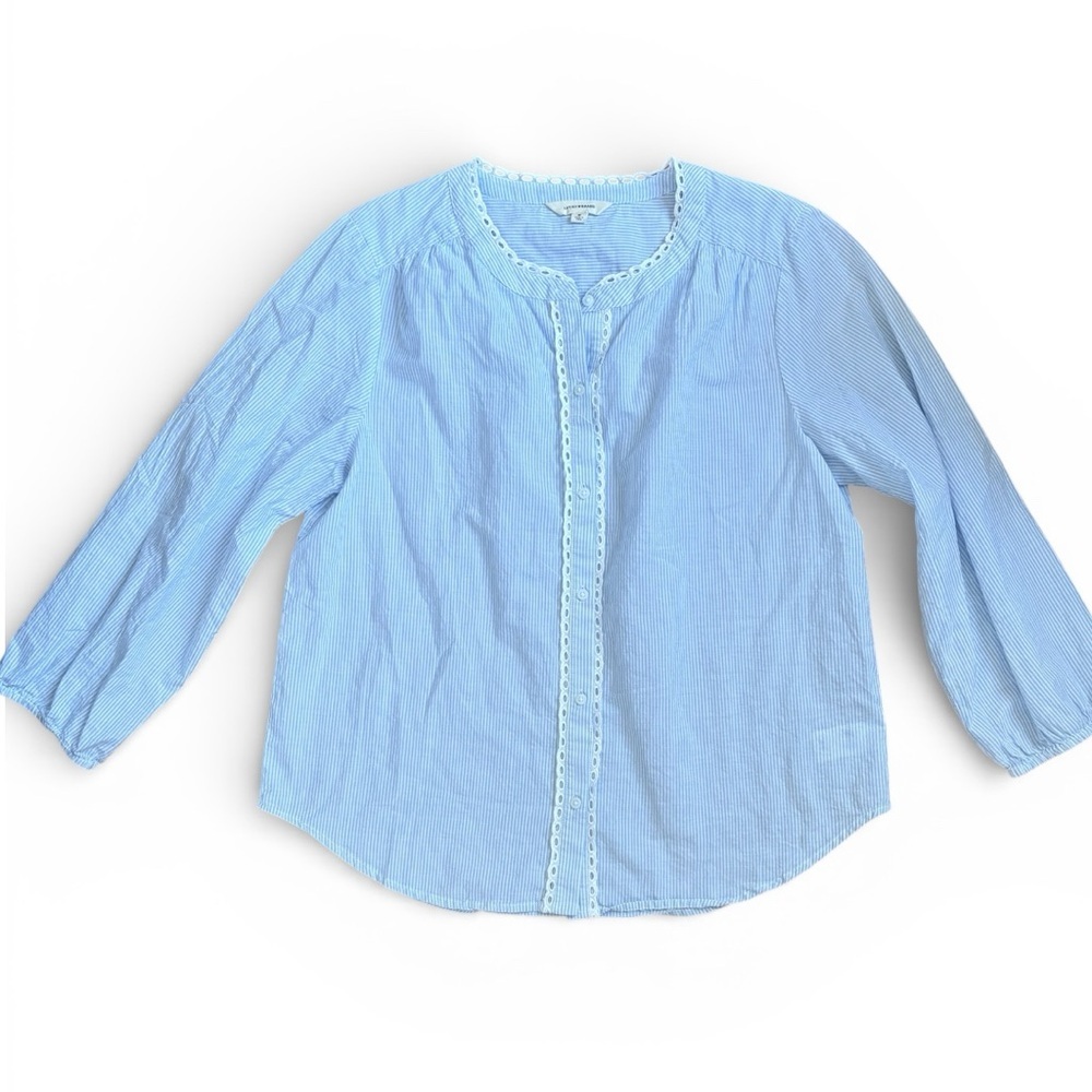 Lucky Brand Light Blue & White Pinstripe Blouse w/ Crochet Trim, Sz M